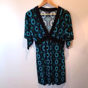 Like new EnFocus sz 10 empire waist retro peacock-like print dress aqua & black